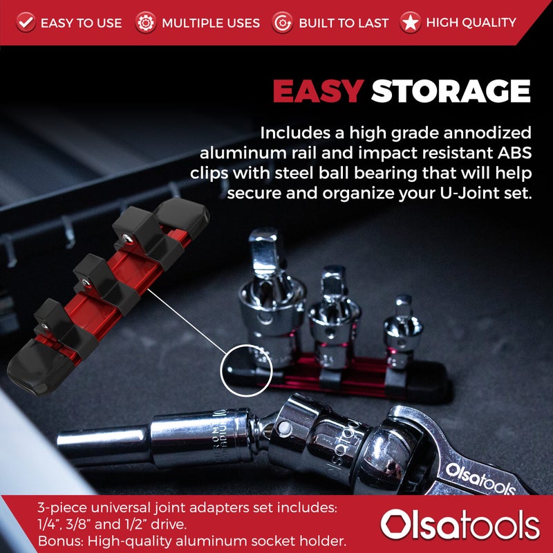 Olsa Tools مجموعة مفاصل عالمية من أولا للأدوات - 3 قطع 1/2"، 3/8" و 1/4" - مجموعة مفاتيح مفصلية دوارة مع سكة ألمنيوم - محولات مفاتيح كروية وزاوية - الجزء 1243 - Image 5